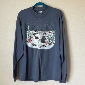Graphic Shirt Womens Snowman Bunny Racon Long Sleeve Size XL Slate Mock Neck USA